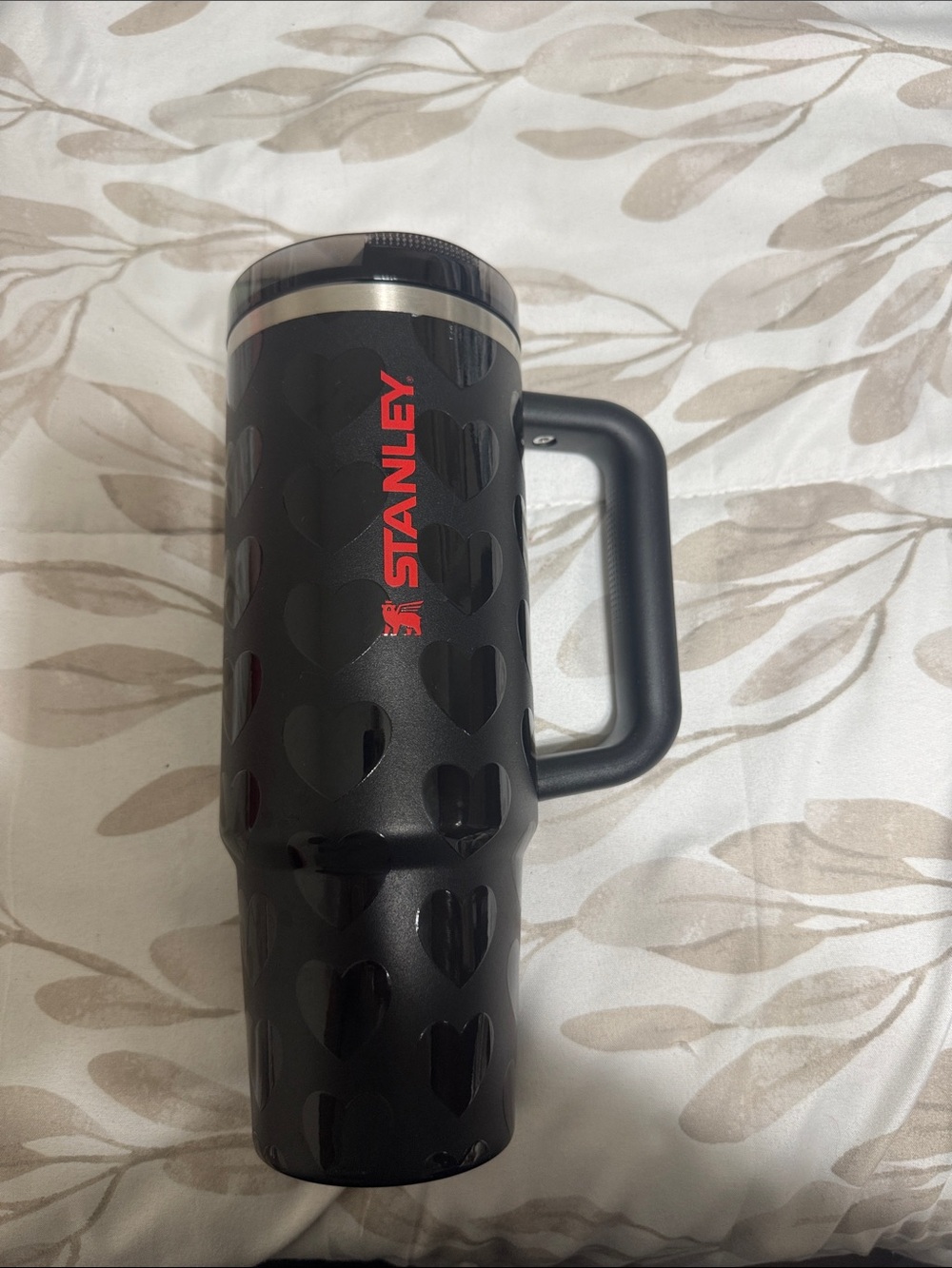 Stanley Black Travel Mug with Heart Pattern and Red Logo